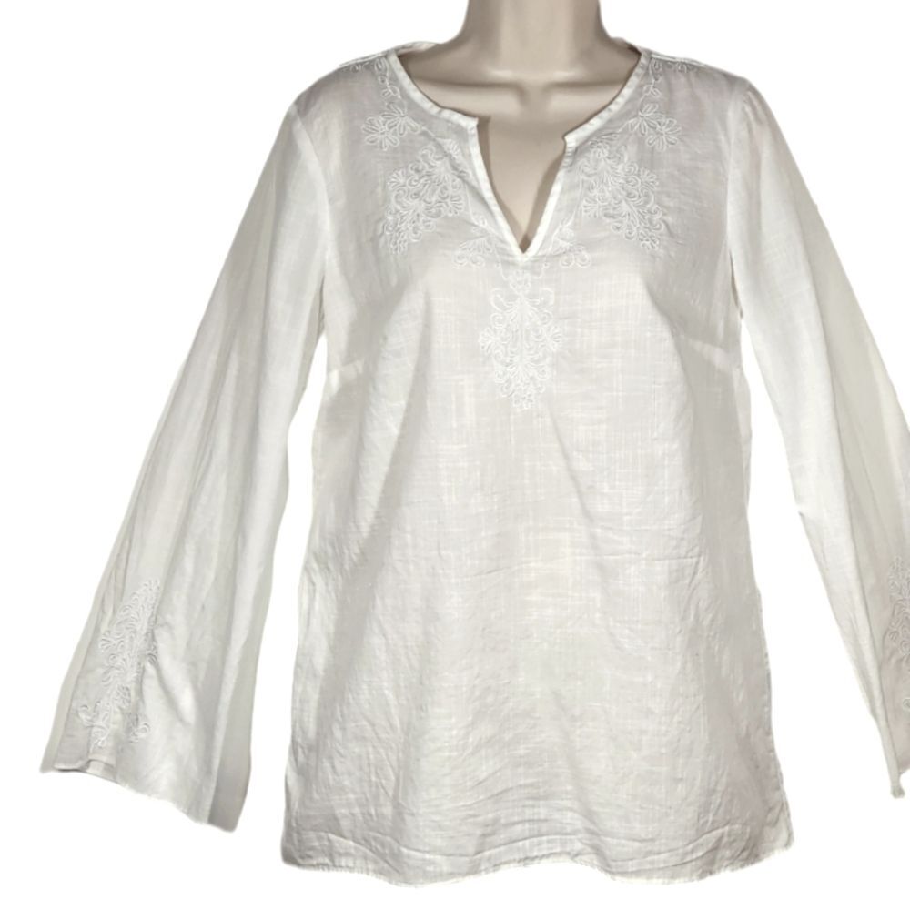 Lilly Pulitzer Tunic Top Cover‎ Up Embroidered Cotton Long Sleeve White BOHO S